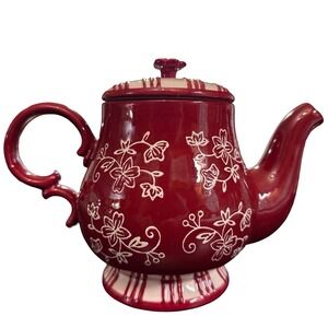 Temptations by Tara Floral Lace Teapot with Lid Burgundy White‎ Ceramic Handmade